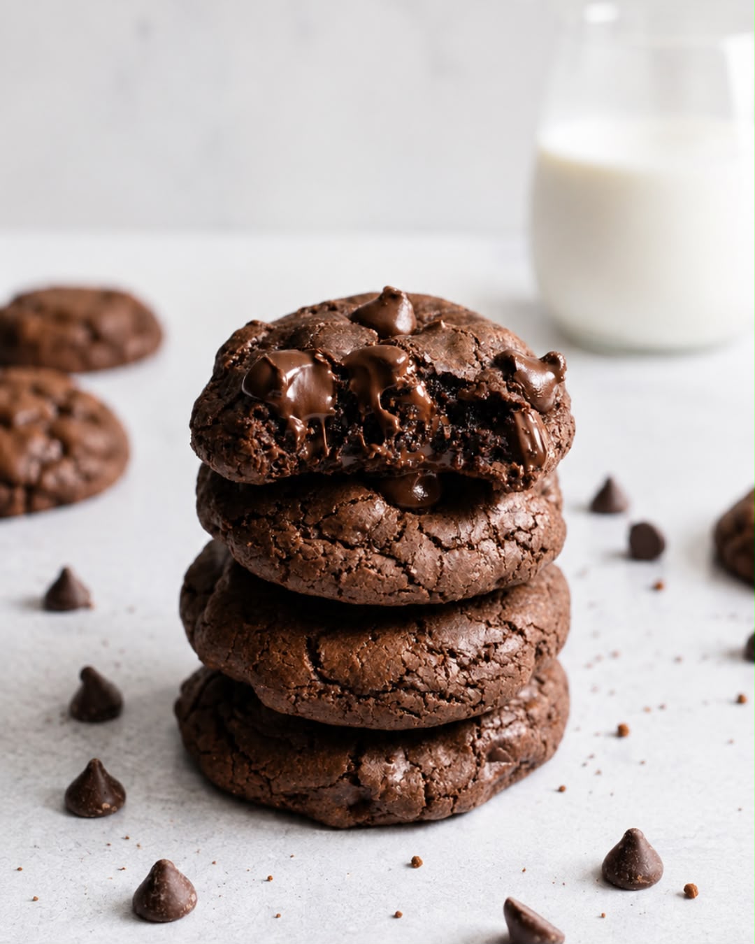 Torre de galletas de chocolate con centro derretido junto a un vaso de leche