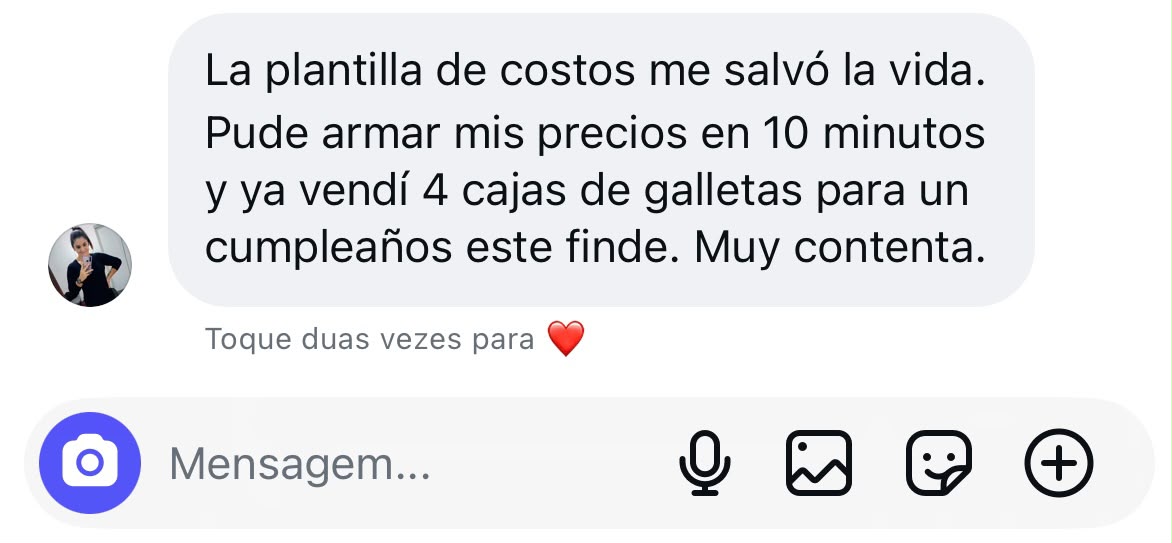 Captura de un mensaje directo de Instagram sobre la plantilla de costos