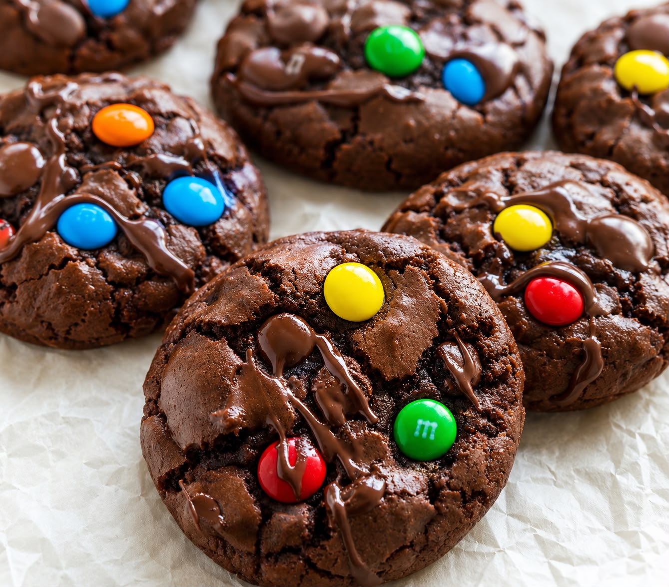 Galletas de chocolate con confites de colores y chocolate derretido